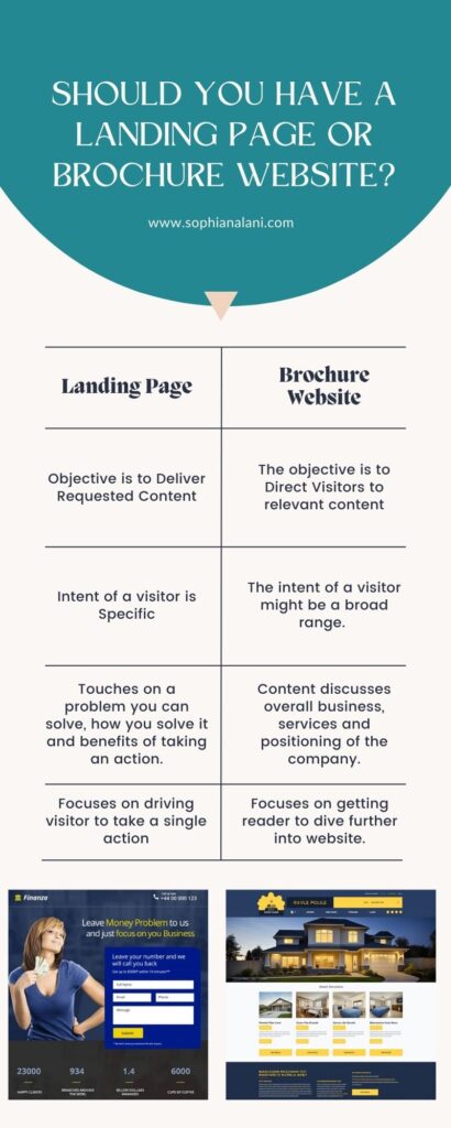 An Infographic on the differences between a landing page and brochure website.