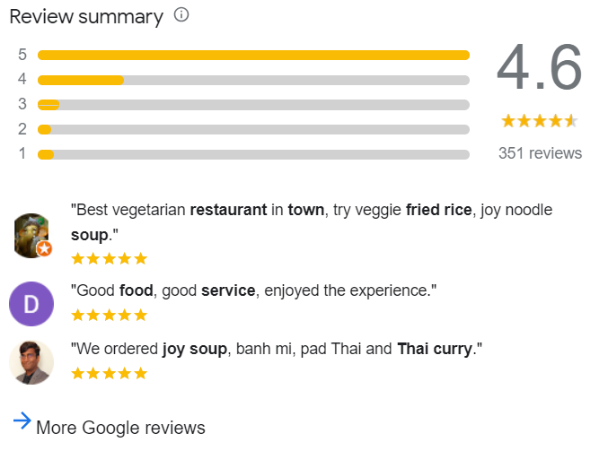 A screenshot of how reviews on Google my business pop up and show Local SEO and trust building.