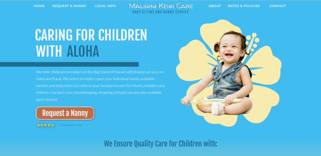 A screenshot of a nanny agency website showing how a happy smiling baby can often make the visitors feel happy as well. 