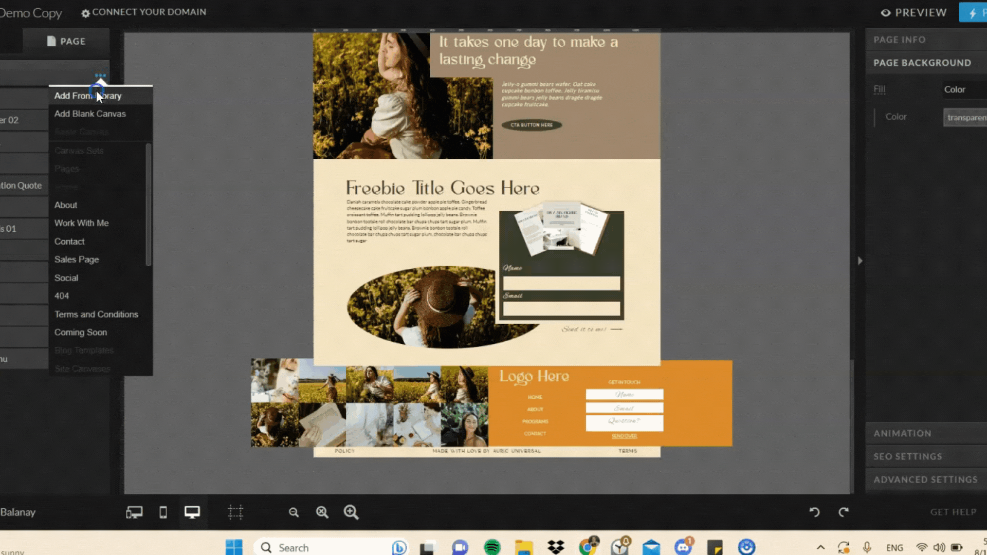 A short Gif showing the ease of adding a template section into a website builder.