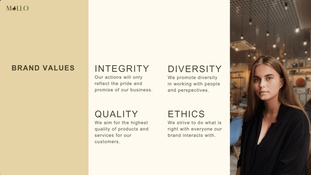 A stock photo of a woman with the an example of different core values of a business: Integrity, Diversity, Quality, and Ethics